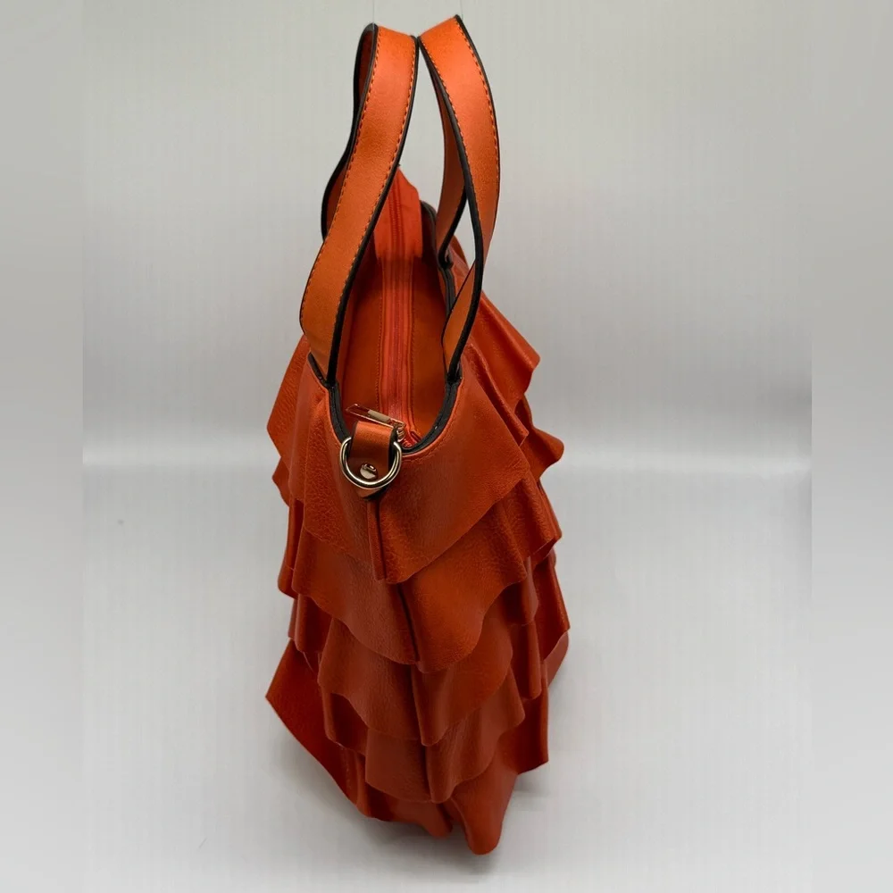 NWOT Orange Ruffle Layered Tote Bag with Handles & Zip - Picture 4 of 11